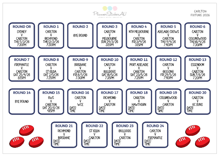 AFL Football Fixture - 2026 – Planner Sticker AU