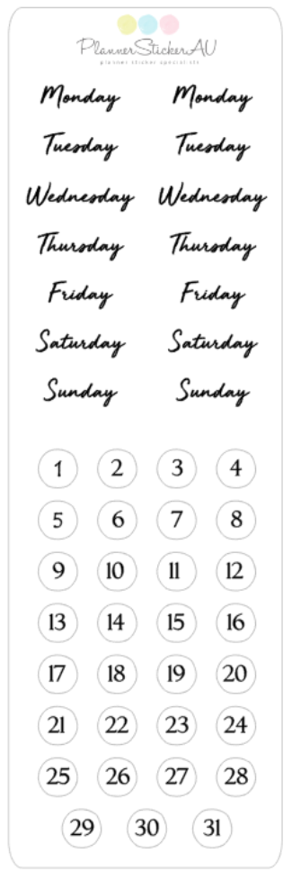 Scrolling Cursive Date Mini Sheet | Foiled | Day & Date Dot - Cursive Font | D26 – Planner ...