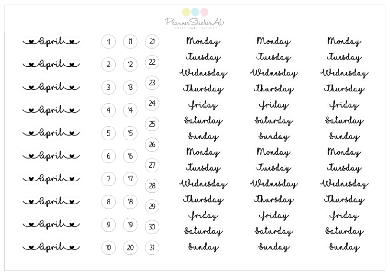 April Calendar Script Foiled Stickers | Script | Month-Day-Date | April | D21 – Planner ...