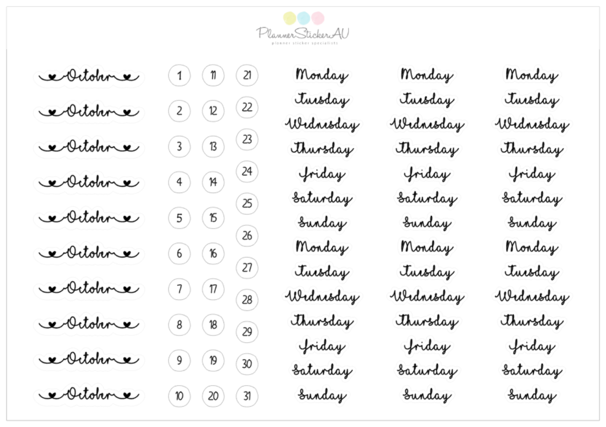 Foiled Stickers | Script | Month-Day-Date | October | D21 – Planner ...